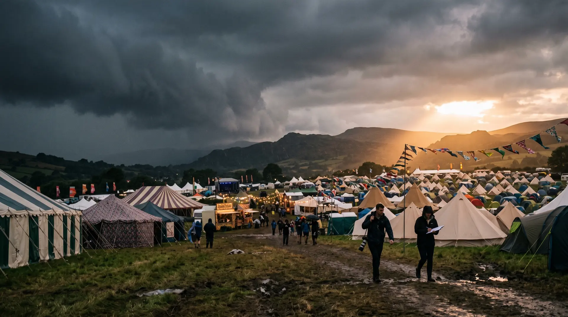 Storm rolling in over a UK festival site at dusk — press tent and figures with camera and notebook in foreground
