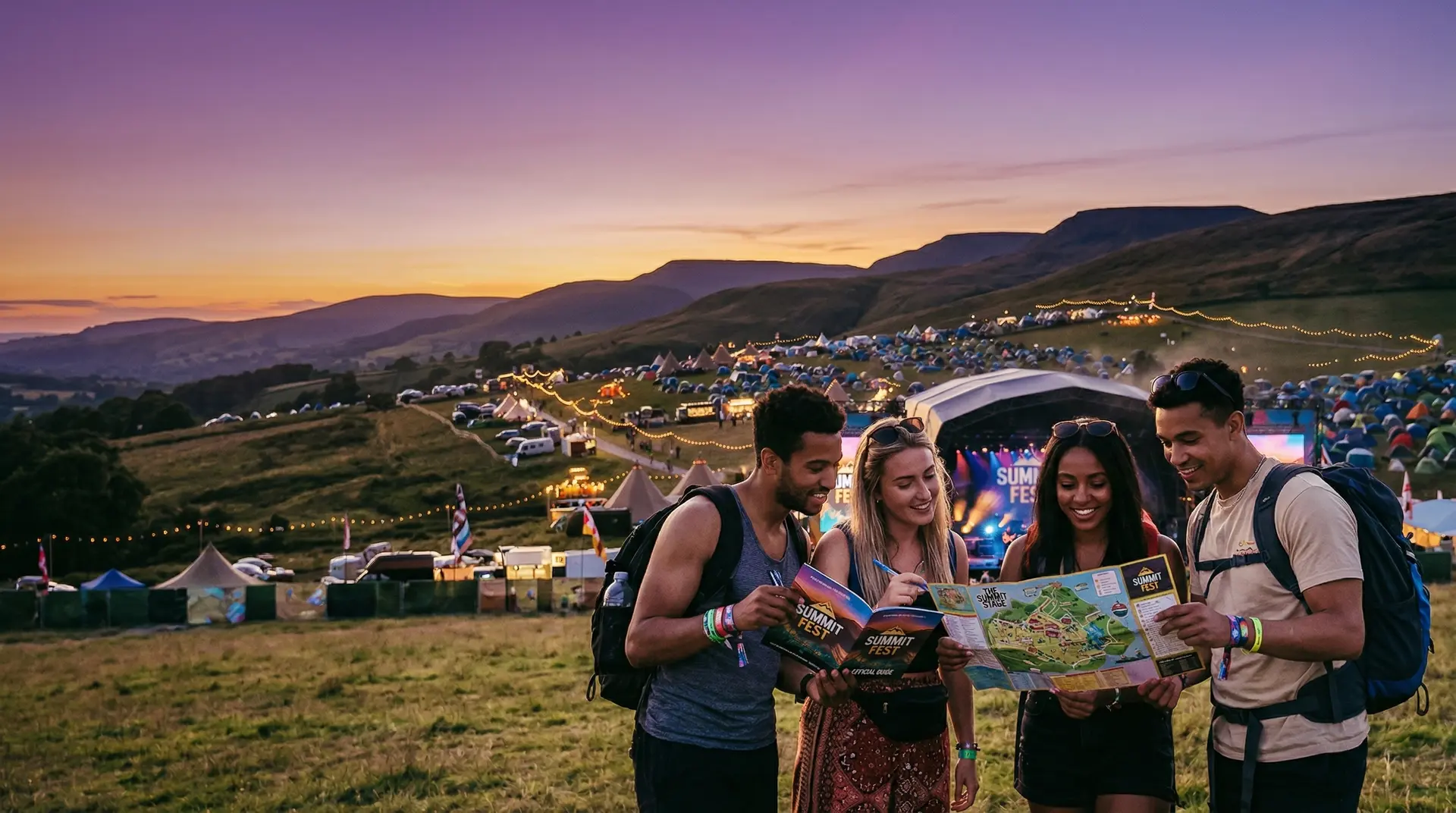 Festival-goers planning their adventure